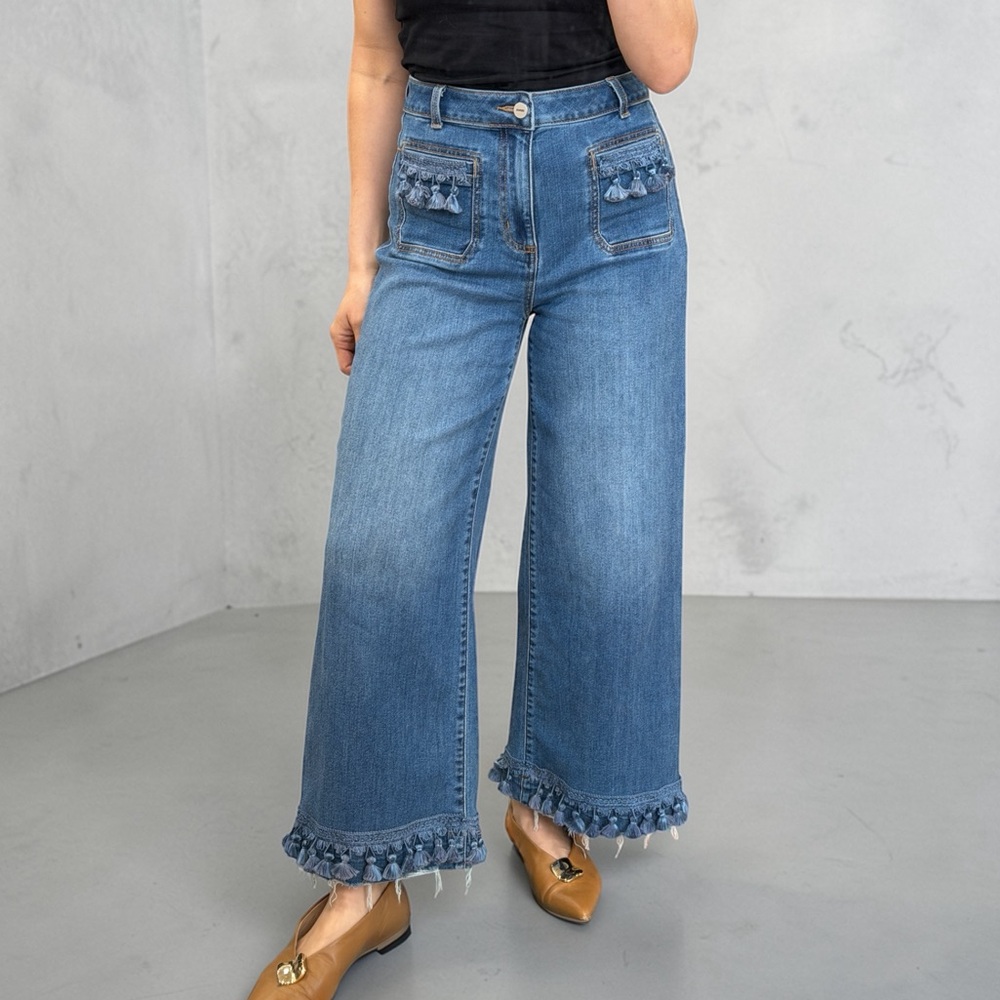 Cero’s Wide Leg High Rise Reworked Denim Tassel Fringe